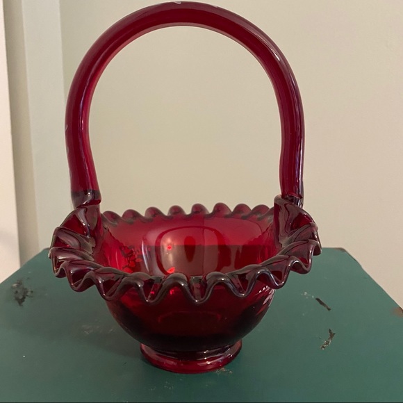 Fenton cranberry hand painted basket - Picture 2 of 13